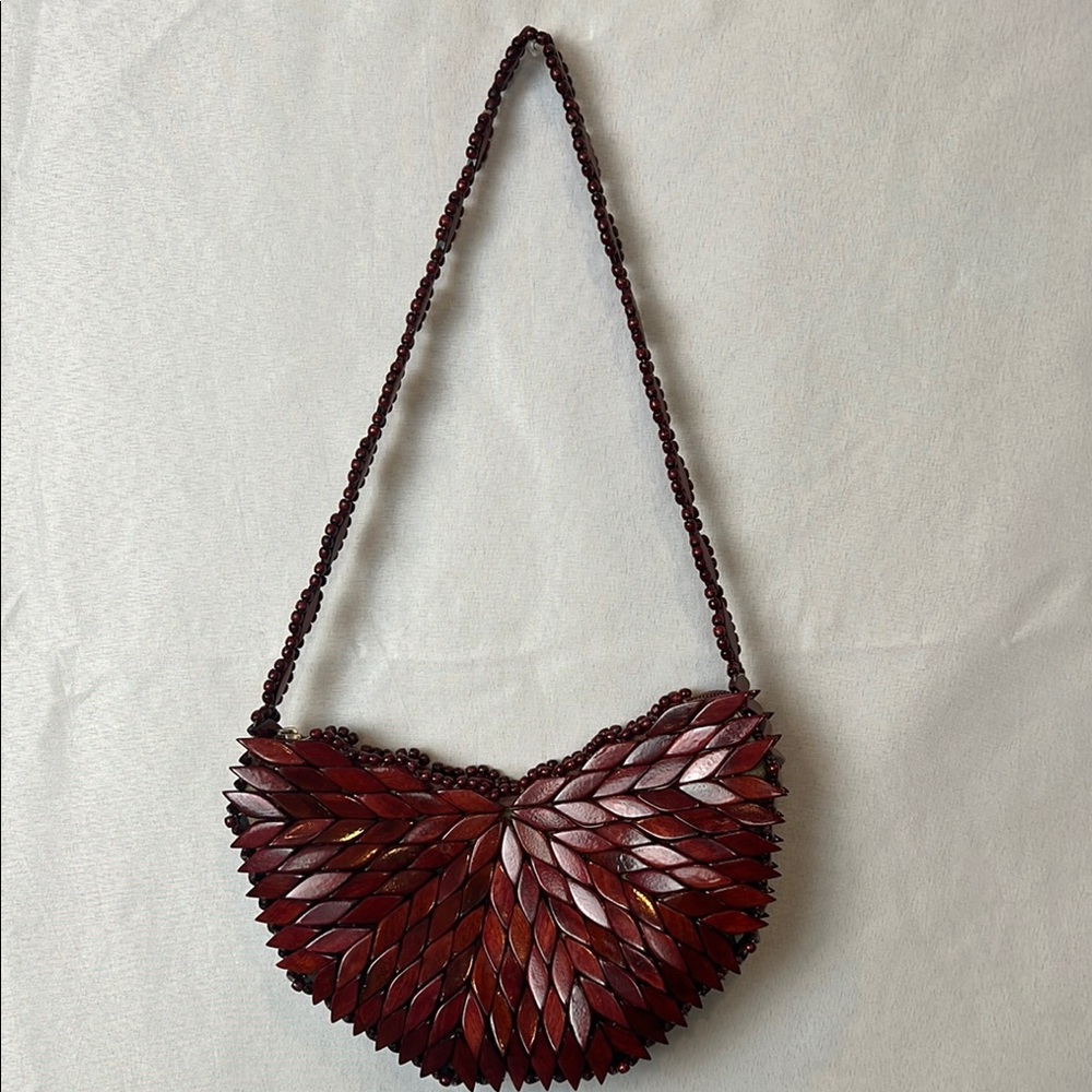 Vintage Burgundy Leaf-Scale Shoulder Bag